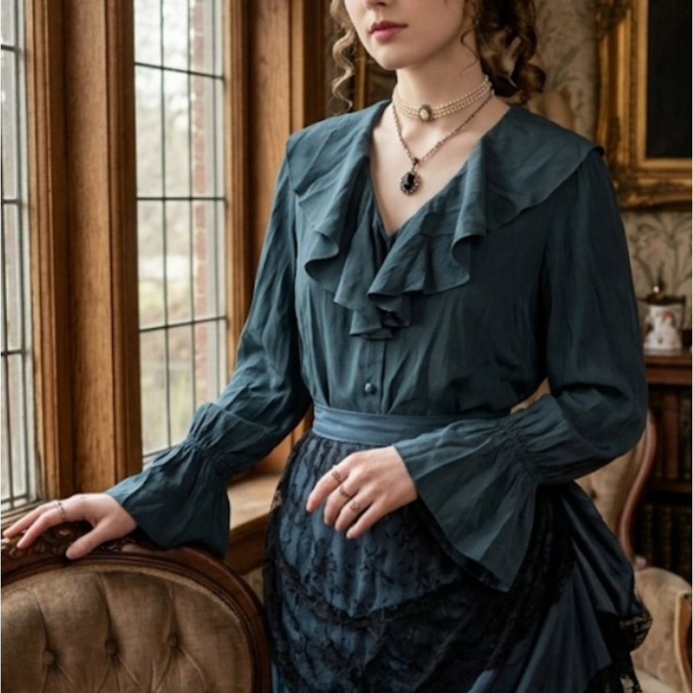 USA Vintage Regency Style Teal Ruffle Blouse Victorian Romance Bell Sleeves Sz M